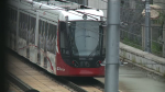 An LRT train parked near Tunney's Pasture station on Monday. Aug. 9, 2021, the morning after one of its axles became dislodged from the track. (Jim O'Grady/CTV News Ottawa)