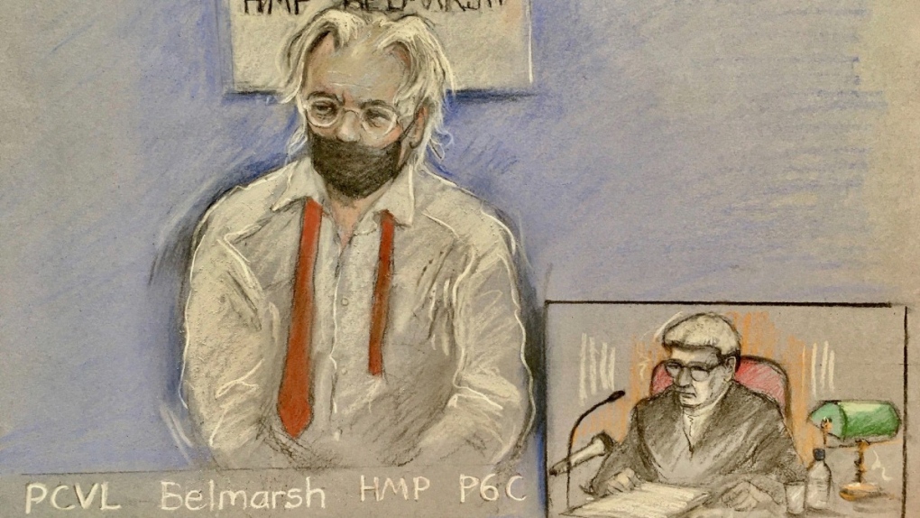 Court sketch of Julian Assange, left