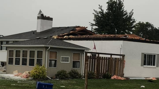 Home experiences damage to roof following thunderstorm in Cottam, Ont. on Wednesday, Aug. 11, 2021. (source: Tricia Renaud/Cottam Facebook Group) 