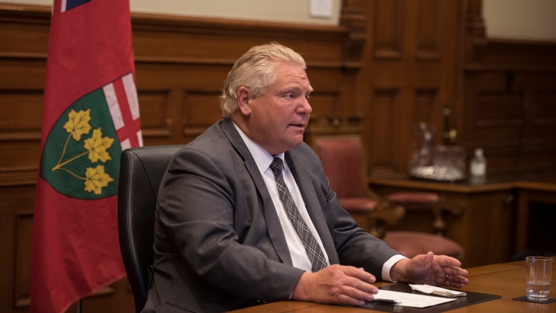 Ontario Premier Doug Ford participates in a press conference remotely from Queen's Park regarding Residential School burial sites in Toronto on Tuesday, June 15, 2021. THE CANADIAN PRESS/ Tijana Martin 
