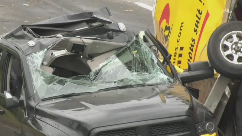 Two people are dead after they were struck by a transport truck on Highway 417 early Monday, Aug. 23, 2021. (Jim O'Grady/CTV News Ottawa) 