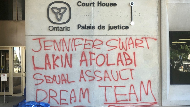 Vandalism at the courthouse in London, Ont. is seen Tuesday, Aug. 24, 2021. (Jim Knight / CTV News)