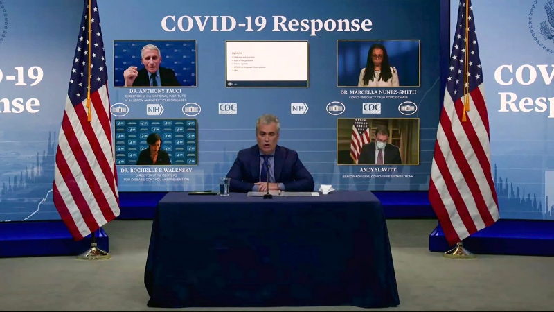 FILE - In this Jan. 27, 2021, file image from video, Jeff Zients, White House coronavirus response coordinator, speaks as Dr. Anthony Fauci, director of the National Institute of Allergy and Infectious Diseases and chief medical adviser to the president., Dr. Marcella Nunez-Smith, chair of the COVID-19 health equity task force, Dr. Rochelle Walensky, director of the Centers for Disease Control and Prevention, and Andy Slavitt, senior adviser to the White House COVID-19 Response Team,, appear on screen during a White House briefing on the Biden administration's response to the COVID-19 pandemic in Washington. (White House via AP, File) 
