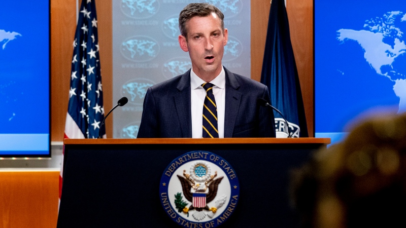 State Department spokesman Ned Price speaks on the situation in Afghanistan at the State Department in Washington, Wednesday, Aug. 18, 2021. (AP Photo/Andrew Harnik, Pool) 
