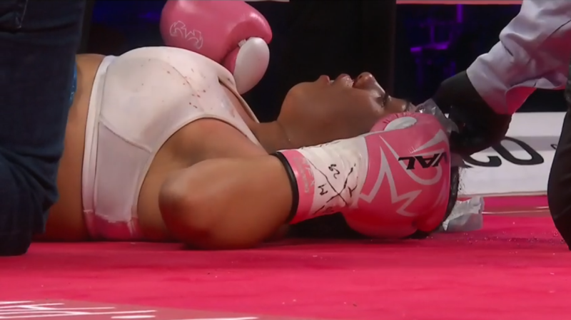 Mexican boxer Jeanette Zacarias Zapata receives medical attention after falling to Quebec fighter Marie-Pier Houle in the preliminaries of the Groupe Yvon Michel gala featuring Kim Clavel on Saturday night at IGA stadium. Zapata was later taken to hospital. (Source: RDS)
