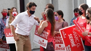 Liberal Leader Justin Trudeau speaks to supporters during his campaign visit to the University of Sudbury in Sudbury, Ontario on Tuesday, August 31, 2021. THE CANADIAN PRESS/Nathan Denette 
