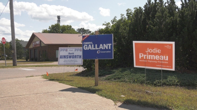 Candidate signs in Renfrew-Nipissing-Pembroke. (Dylan Dyson/CTV News Ottawa)