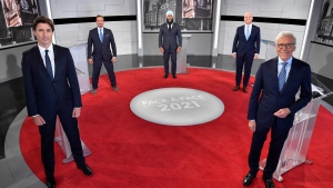 Liberal Leader Justin Trudeau, Bloc Quebecois Leader Yves-Francois Blanchet, NDP Leader Jagmeet Singh and Conservative Leader Erin O'Toole can be seen at the TVA French-language debate. (Agence QMI Martin Chevalier)