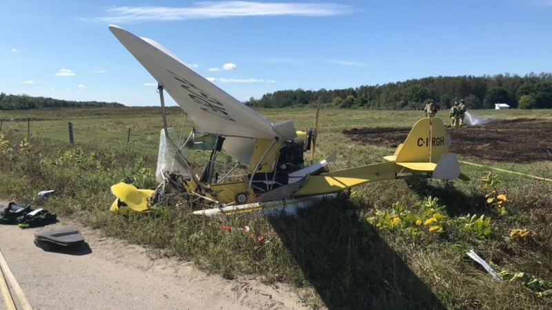 Two men were seriously injured after their small plane crashed in a field near the Carp Airport in rural west Ottawa. Sept. 4, 2021. (Photo courtesy of Ottawa Fire Services / @OttFire / Twitter)