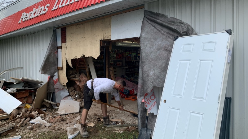 Cleanup is underway at the Perkins Home Building Centre in North Gower after a driver crashed through the wall of the store overnight. Sept. 5, 2021. (Jackie Perez / CTV News Ottawa)