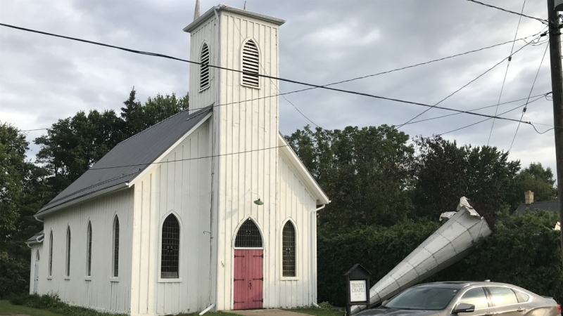 The steeple once atop Trinity Chapel in Ailsa Craig is left on the ground following a series of storms on Monday, Sep. 13, 2021. (Sean Irvine / CTV London)