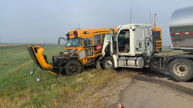 Two injured in crash involving semi and bus southwest of Saskatoon