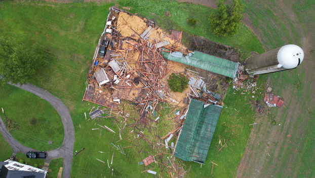 Drone footage shows a barn torn apart by a downburst in Ailsa Criag, Ont. Sept. 14, 2021. (Source: Northern Tornadoes Project / Twitter)