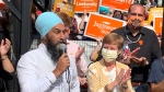 NDP Leader Jagmeet Singh, left, and candidates Shawna Lewkowitz and Jason Henry, in London, Ont. on Wednesday, Sept. 15, 2021. (Bryan Bicknell / CTV News)