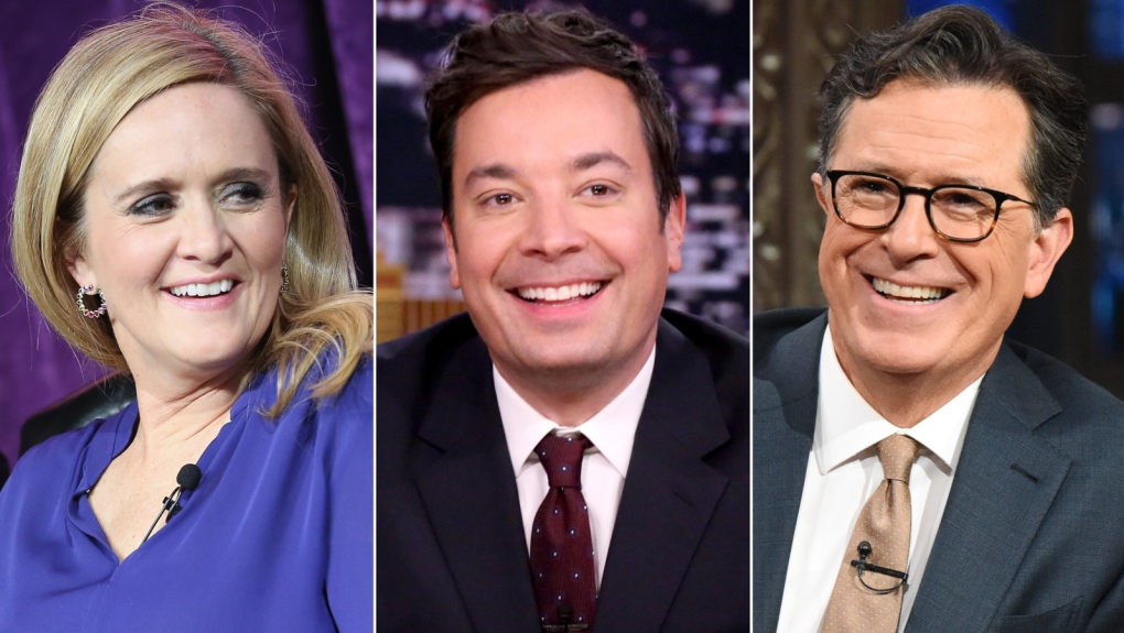 (From left) Samantha Bee, Jimmy Fallon, Stephen Co