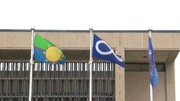 Ceremonial flag raising at Winnipeg City Hall puts Dakota First Nations, Treaty One First Nations and Metis Nation flags on permanent display, Sept. 15 (Dan Timmerman, CTV News) 