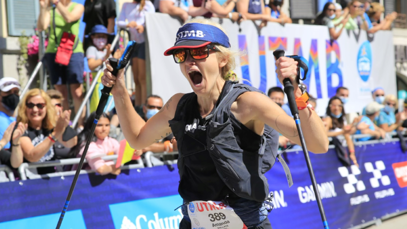 Mandy Wallace of Brockville celebrates at the end of the Ultra-Trail du Mont Blanc race in Europe. (Photo courtesy: Mandy Wallace)
