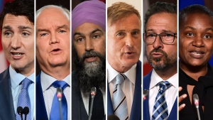 Justin Trudeau, Erin O'Toole, Jagmeet Singh, Maxime Bernier, Yves-François Blanchet, Annamie Paul vertical photos. Election 2021
