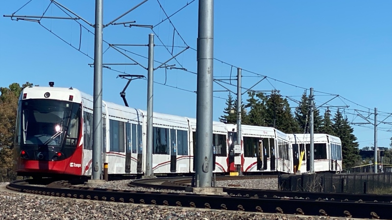 A train sits on the Confederation Line near Tremblay Station after derailing on Sunday. (CTV Viewer photo)