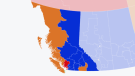 A CTV News election map shows the parties leading or elected in all 42 of B.C.'s federal ridings as of Monday night.