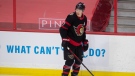 Ottawa Senators left wing Brady Tkachuk skates during warm up before an NHL game against the Vancouver Canucks, in Ottawa, Monday April 26, 2021. (THE CANADIAN PRESS/Adrian Wyld) 