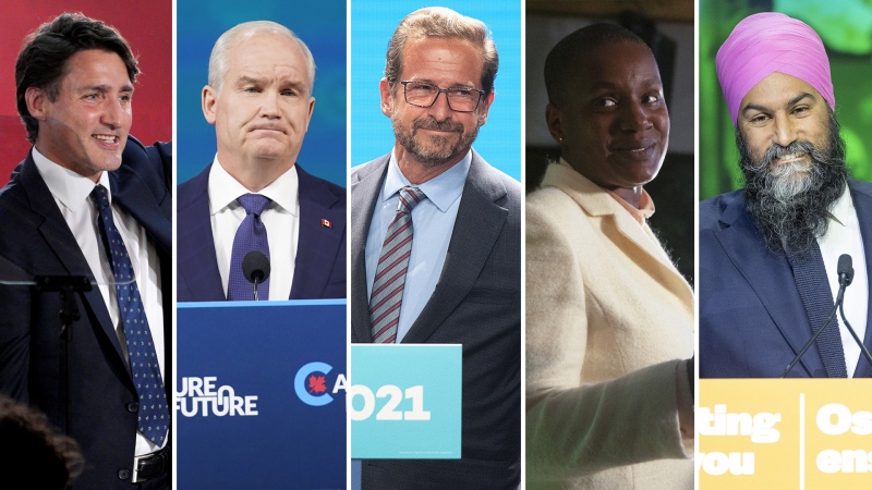 Prime Minister Justin Trudeau, Conservative Leader Erin O'Toole, Bloc Quebecois Leader Yves-Francois Blanchet, Green Party Leader Annamie Paul and NDP Leader Jagmeet Singh are seen in this composite image. (Images via The Canadian Press)