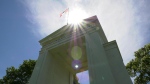 The Peace Arch, in Peace Arch Provincial Park in Surrey, B.C., and Peace Arch Historical State Park in Washington state, is pictured in 2020.  (Jordan Jiang / CTV News Vancouver)