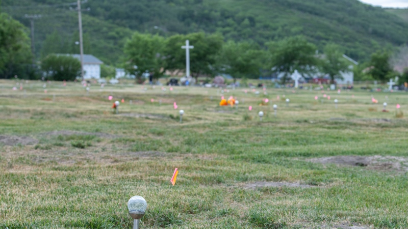 The site of a former residential school where, last month, ground-penetrating radar detected a potential 751 unmarked graves in Cowessess First Nation, Sask., Tuesday, July 6, 2021. (THE CANADIAN PRESS/Liam Richards)