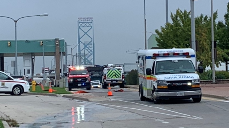 Emergency crews were called to the scene near the Ambassador Bridge and Windsor-Detroit border crossing in Windsor, Ont., on Monday, Oct. 4, 2021. (Bob Bellacicco / CTV Windsor) 