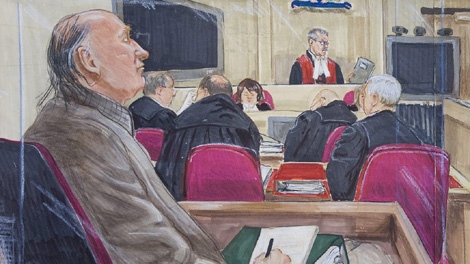 An artist's drawing of accused serial killer Robert Pickton, left, listening to the judge charge the jury at BC Supreme Court in New Westminster, Friday, November 30, 2007. (THE CANADIAN PRESS/Felicity Don)