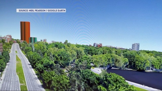 Glebe resident Neil Pearson created a 'Google Earth' rendering showing how a proposed 26-storey high-rise would change the skyline at Carling and Bronson avenues. 