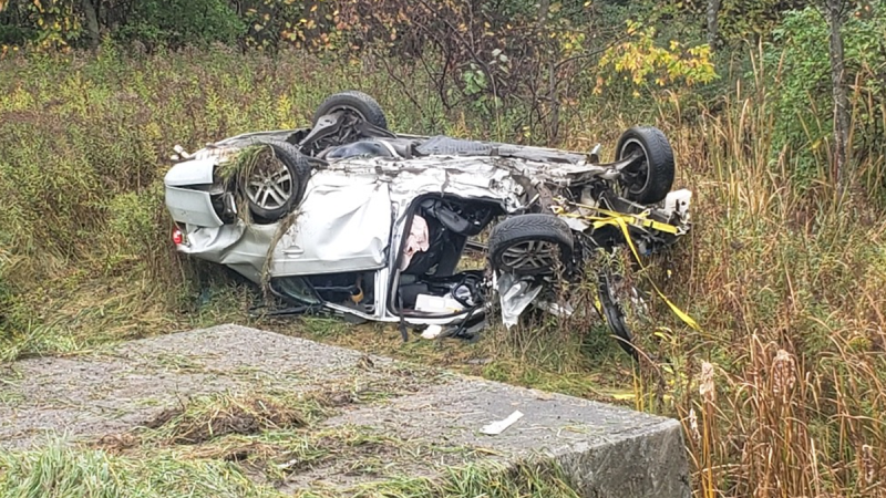 The scene of a fatal rollover on the eastbound Highway 401 near Iroquois, Ont. on Thursday, Oct. 21, 2021. (Courtesy SD&G OPP)
