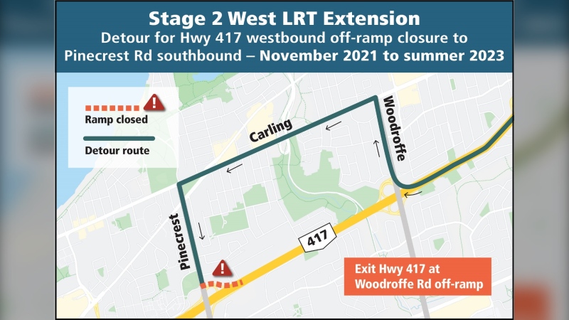 The Pinecrest off-ramp on the westbound 417 will be closed for nearly two years starting next month. (City of Ottawa)