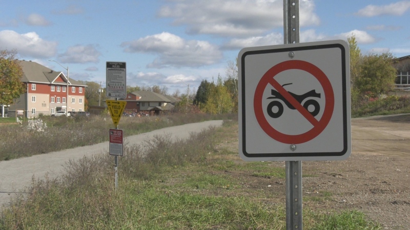 A sign prohibiting ATVs along the Algonquin Trail. The City of Pembroke is opening up the trail to snowmobiles and ATVs this winter and in the coming spring. (Dylan Dyson/CTV News Ottawa)