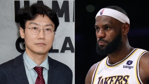 'Squid Game' creator Hwang Dong-hyuk, left, responds to LeBron James, right, disliking the show's end. (Getty Images)