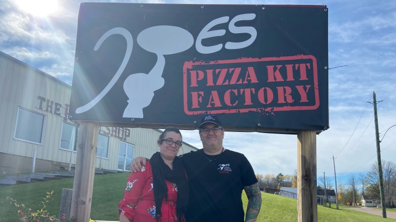 Natacha and Joe Ward standing outside the factory location in Pembroke, Ont. where Joe's Family Pizzeria take-home pizza kits are made. (Dylan Dyson/CTV News Ottawa)