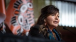 FILE - Tk'emlups te Secwepemc Kukpi7 (Chief) Rosanne Casimir speaks during a news conference ahead of a ceremony to honour residential school survivors and mark the first National Day for Truth and Reconciliation, in Kamloops, BC., on Thursday, September 30, 2021. THE CANADIAN PRESS/Darryl D