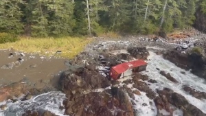 A shipping container that fell off the Zim Kingston is pictured on Vancouver Island: (Canadian Coast Guard)