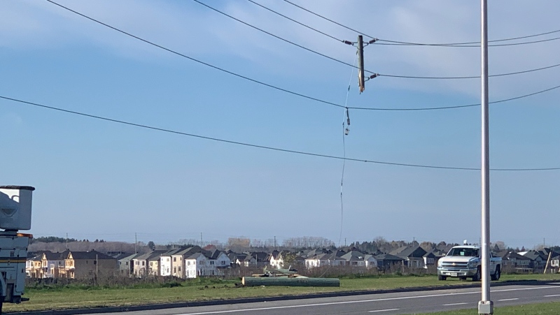 Several hundred residents of Kanata lost power on Nov. 6, 2021 when a driver struck this hydro pole early in the morning. (Shaun Vardon/CTV News Ottawa)