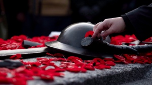 People lay poppies on the Tomb of the Unknown Soldier at the National War Memorial after Remembrance Day ceremonies, in Ottawa on Nov. 11, 2018. (THE CANADIAN PRESS/Justin Tang)