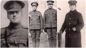 Composite photo of Indigenous veterans of the First World War, Lt. Cameron Donald Brant; Ptes. Peter and Augustin Belanger; and Pte. Thomas Godchere. (Library and Archives Canada)