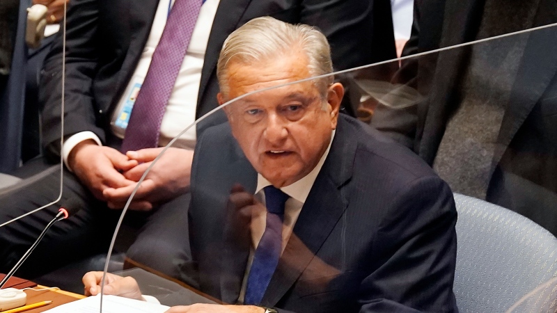 Mexico's President Andres Manuel Lopez Obrador addresses the United Nations Security Council, Tuesday, Nov. 9, 2021. (AP Photo/Richard Drew)