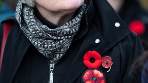 A woman wears three versions of the poppy as she waits for the start of a Remembrance Day ceremony at the National Military Cemetery at Beechwood Cemetery in Ottawa on Nov. 11, 2019. (THE CANADIAN PRESS/Justin Tang)