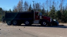 Two people were killed when a car and dump truck collided in Petawawa on Wednesday. (Dylan Dyson/CTV News Ottawa)