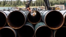 Pipe for the Trans Mountain pipeline is unloaded in Edson, Alta. on Tuesday, June 18, 2019. (THE CANADIAN PRESS/Jason Franson)