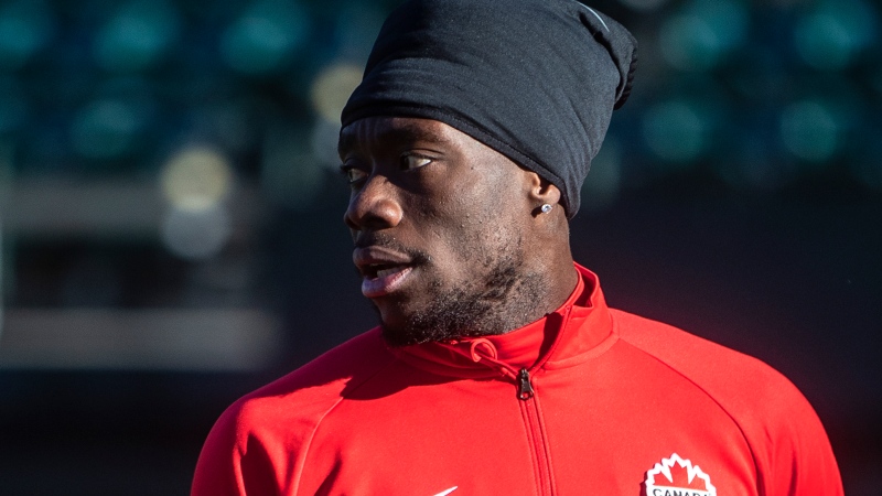 Team Canada's Alphonso Davies takes part in a practice session in Edmonton, Alta., on Wednesday November 10, 2021. Canada takes on Costa Rica in their World Cup match on Friday November 12, 2021. THE CANADIAN PRESS/Jason Franson 