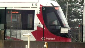 An Ottawa LRT car at Blair Station on the first day of service since a derailment on Aug. 19. 