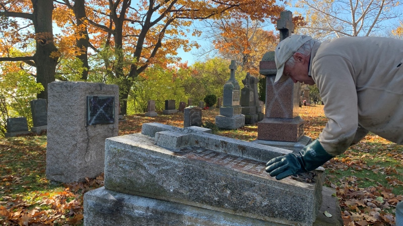 More than 300 gravesites were vandalized with white spray-paint at St. James Cemetery in Belleville, Ontario. (Kimberley Johnson/CTV News Ottawa)