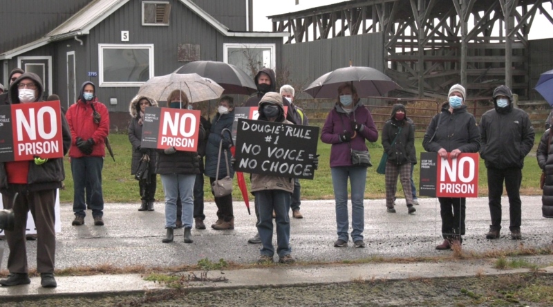 Protesters gather at the site of the proposed Eastern Ontario Correctional Complex in Kemptville, Ont. Nov. 13, 2021. (Colton Praill / CTV News Ottawa)