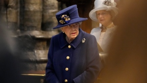 Queen Elizabeth II attends a Service of Thanksgiving to mark the Centenary of the Royal British Legion at Westminster Abbey, in London on Oct. 12, 2021. (AP Photo/Frank Augstein, Pool)